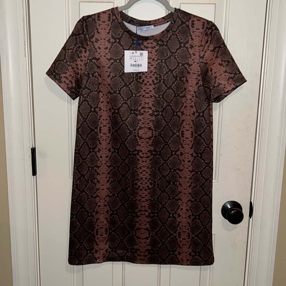 Zara Brown snake print Sheath Mini Dress Crew Neck Short Sleeve